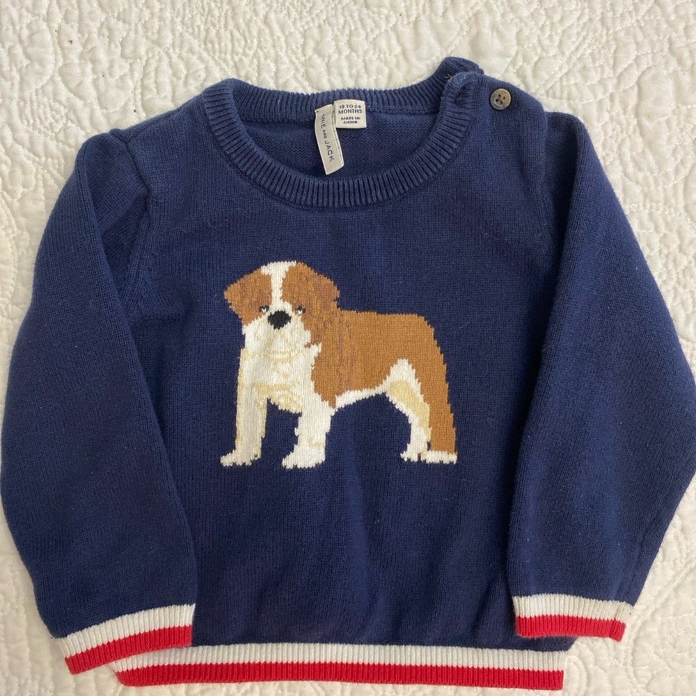 Janie and Jack Boys Conner Bull Dog Navy Sweater Size 18-24 Months